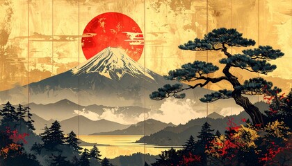 縁起の良い富士山と日の出の和風イラスト 金背景
