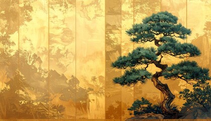 Illustration japonaise du pin pour le Nouvel An sur fond or