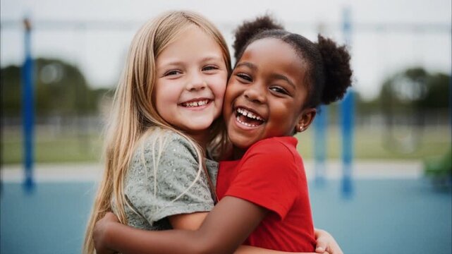 Portrait of two diverse young girls hugging tightly on a playground. Best friends smiling at the camera with joy. Childhood friendship and unity concept