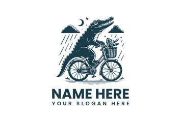 A vector illustration of a crocodile riding a bicycle with a basket, set against a rainy night background with mountains and a crescent moon.