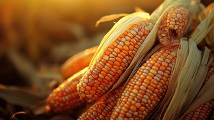 Close up of golden ears of corn with partially peeled husks