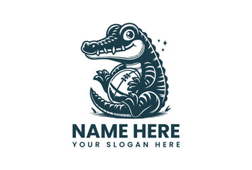 A vector illustration of a crocodile logo with a soccer ball, set against a clean white background, with a placeholder for a name and slogan in a modern design style.