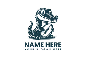 Vector illustration of a smiling crocodile holding a rugby ball with a customizable logo and slogan on a white background.