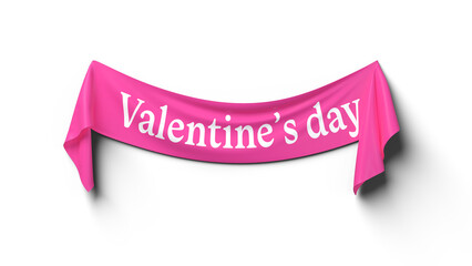 Pink fabric banner with the text Valentine's Day - 3D rendering on a transparent background