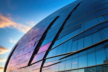 Modern building with reflective glass design in an urban setting during sunset