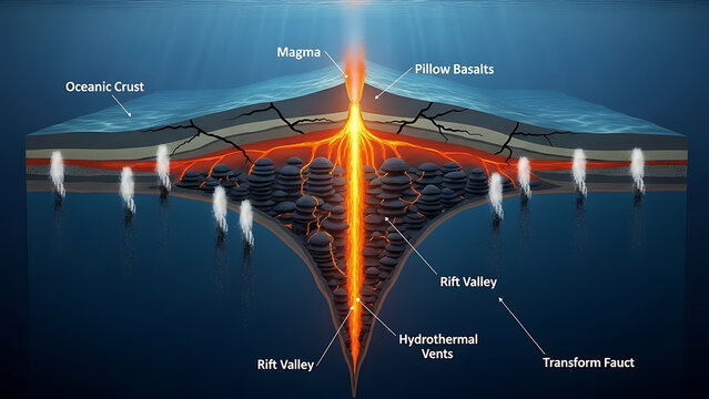 Mid-Ocean Ridge Spreading Center with Pillow Basalts and Hydrothermal Vent Formation