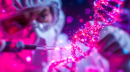 Scientist in protective gear using pipette with glowing DNA hologram digital artwork of genetic research