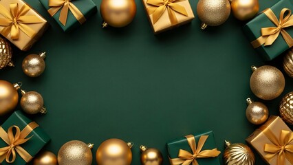 Green Christmas background with luxury gift boxes and gold ornaments border, elegant holiday frame with copy space

