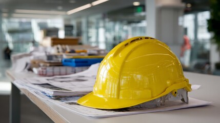 Yellow construction helmet on architectural blueprints in modern office setting