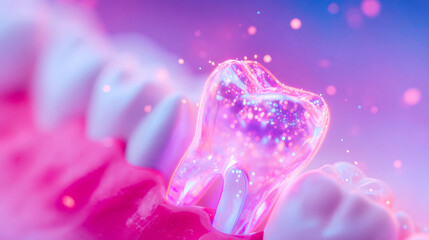 Translucent holographic tooth concept formed by glowing digital nodes and connections symbolizing future dentistry