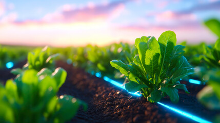 Ultra realistic smart farming field with digital grid overlay glowing in blue symbolizing technology