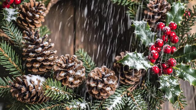 Dramatic slow motion shot of fine white synthetic snow gently settling onto a rustic natural frame composed of pinecones evergreen and vibrant holly cinematic, composition, decoration