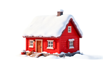 Red Cottage with Snow Covered Roof and Winter Scene