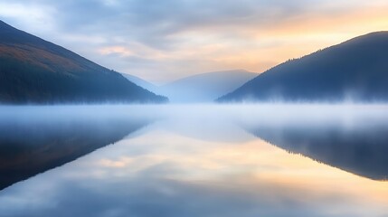 Gentle morning mist hovering above a tranquil lake with reflections of mountains and sky