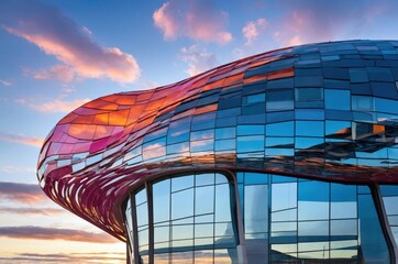 Modern building with glass facade during sunset showcasing bright reflections in the sky