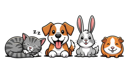 Cute Cartoon Pets - Cat, Dog, Rabbit, and Guinea Pig Lineup