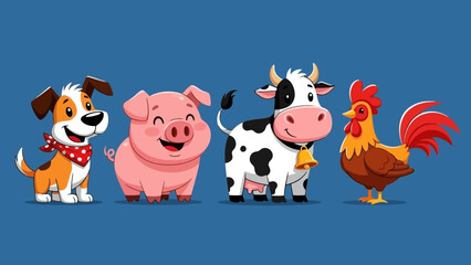 Cute Cartoon Farm Animals: Dog, Pig, Cow, and Rooster on Blue Background