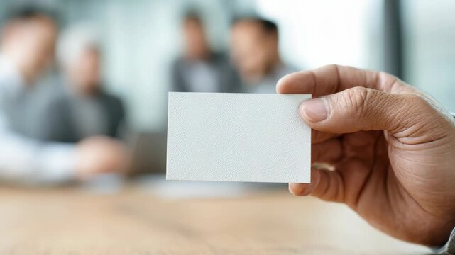Person hand holding a blank business card template mock up. Ethical business practices. Table with meeting businessman in the office blurred background. Professional networking and communication.
