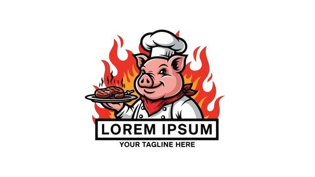 Pig Chef Holding Steak with Flames Logo, Restaurant Barbecue Food Design