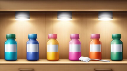 Colorful reagent bottles displayed on a wooden shelf with a spoon