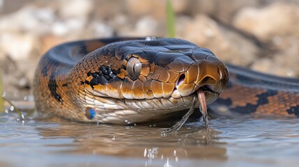 Fototapeta premium Green Anaconda Basking in Shallow Water Showing its Head