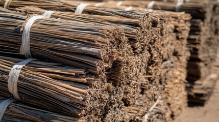 Close-up view of bundles of tied reeds or straw