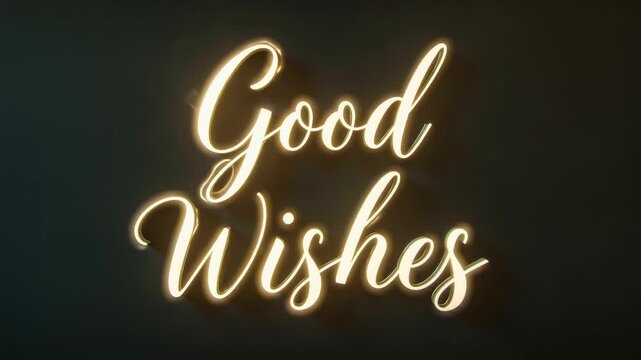 Neon Good Wishes text in glowing warm light, elegant script lettering on dark background, luminous message for celebration and greeting cards