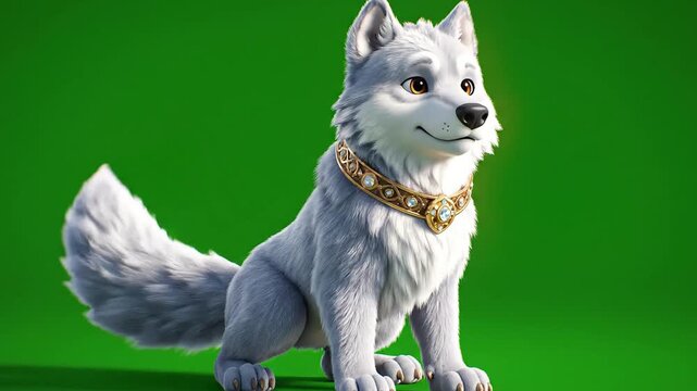 A cartoon wolf with a gold chain sits on a green screen background, looking to the side with a slight smile.