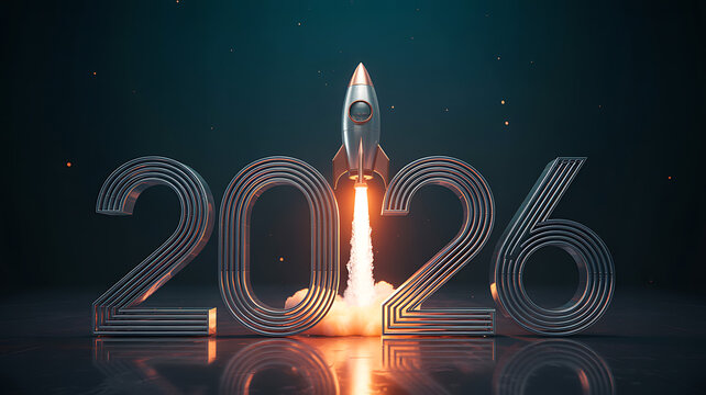 Rocket launching upward in front of glowing 2026 text
