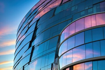 Modern building with glass walls reflecting sunset colors in the city skyline during evening time
