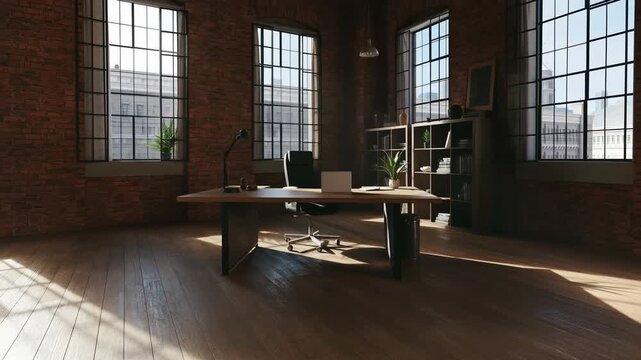 Sun casting moving shadows across an empty modern loft office