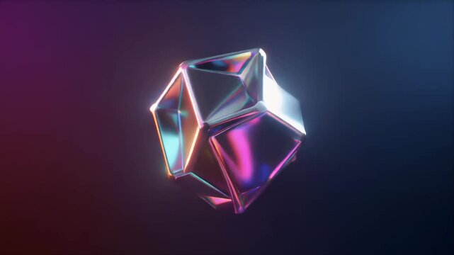 Abstract 3D geometric shape rotating in space, a futuristic iridescent crystal or polyhedron with holographic reflections and vibrant light effects