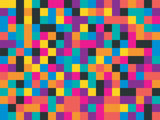 Colorful geometric pixelated pattern with black grid lines and vibrant squares