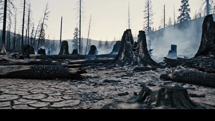 Devastated Forest Landscape After Wildfire with Smoky Atmosphere