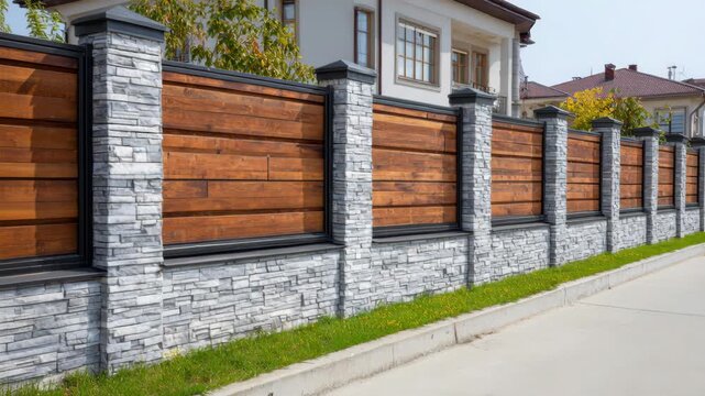 Nice brown wooden fence around house. Garden vinyl fence built with a gray concrete pillar columns surrounding yard. Outdoor landscape. Security and privacy concept. Residential neighborhood.