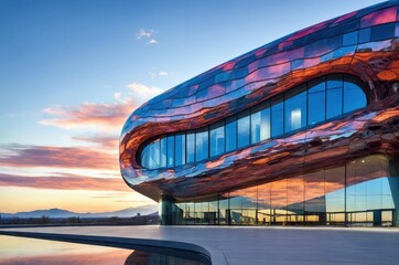 Modern building with reflective surface at sunset near mountains in clear sky