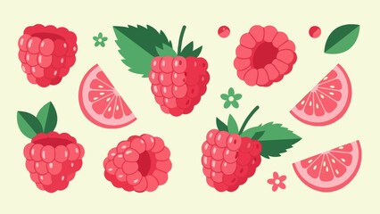 Vibrant Raspberries and Fruit Slices Illustration with Fresh Plant Elements