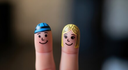 Cute finger couple with painted smiley faces and a blue helmet, symbolizing unity and joy in a playful artistic depiction