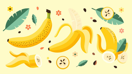 Vibrant and Fresh Illustration of Various Bananas and Tropical Leaves
