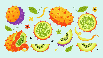 Vibrant and colorful exotic kiwifruit with slices and leaves detailed