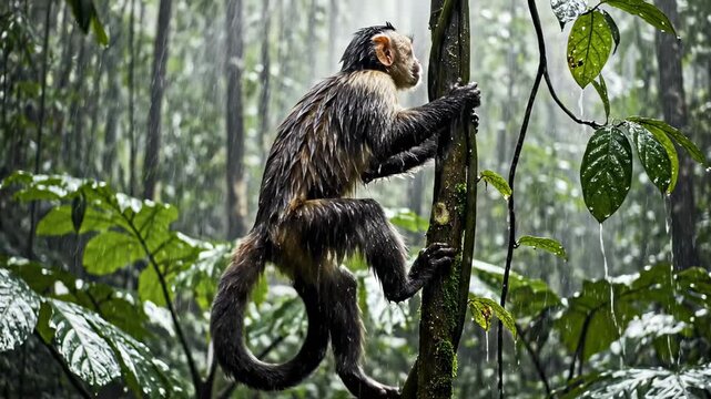 A cute baby squirrel monkey with soft fur sits on a green tree branch in the tropical Brazil rainforest