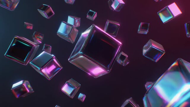 Futuristic iridescent floating cubes abstract background animation with vibrant neon reflections creating a dynamic and modern technology concept