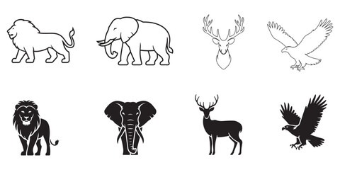 Obraz premium Wild Animal Icon Set Vector – Outline & Silhouette of Lion, Elephant, Deer & Eagle