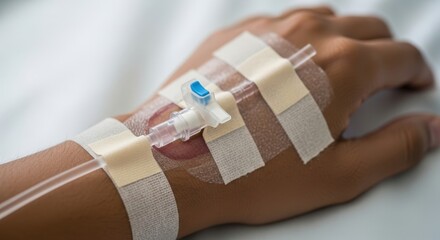Close-up of a patient's hand with an intravenous (IV) cannula inserted, receiving medical treatment in a healthcare setting, symbolizing care, recovery, and hospital stay