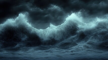 Dramatic ocean waves crashing under a dark stormy sky