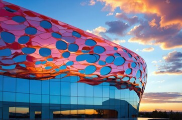 Modern building with colorful design and sunset sky in the background