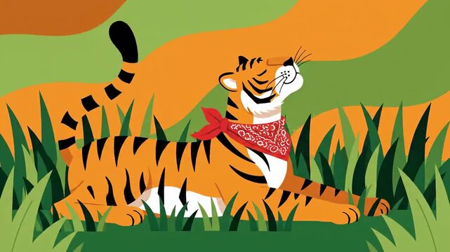 A Delightful Tiger's Daydream in a Lush Green Valley with a Vibrant Bandana