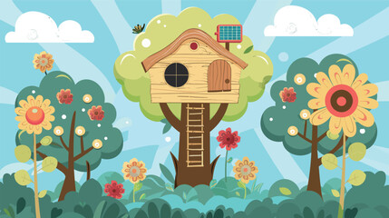 Sustainable wooden pod treehouse surrounded by solar flowers, showcasing eco-friendly architecture, renewable energy, green living and futuristic nature-inspired design in detailed illustration