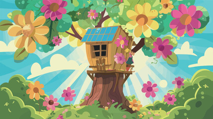Sustainable wooden pod treehouse surrounded by solar flowers, showcasing eco-friendly architecture, renewable energy, green living and futuristic nature-inspired design in detailed illustration