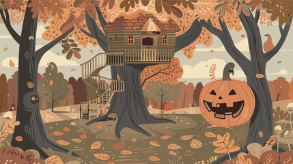 Treehouse inside a giant enchanted pumpkin, magical fantasy illustration, fairytale autumn concept, whimsical nature house, storybook style